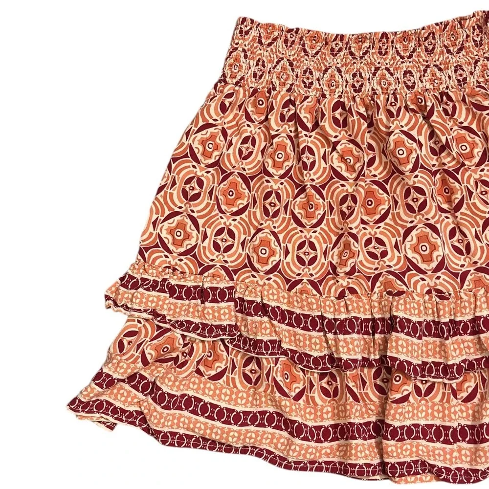 Rachel Zoe Bohemian‎ Medallion Smocked Tiered Orange Ruffle Mini Skirt Size S